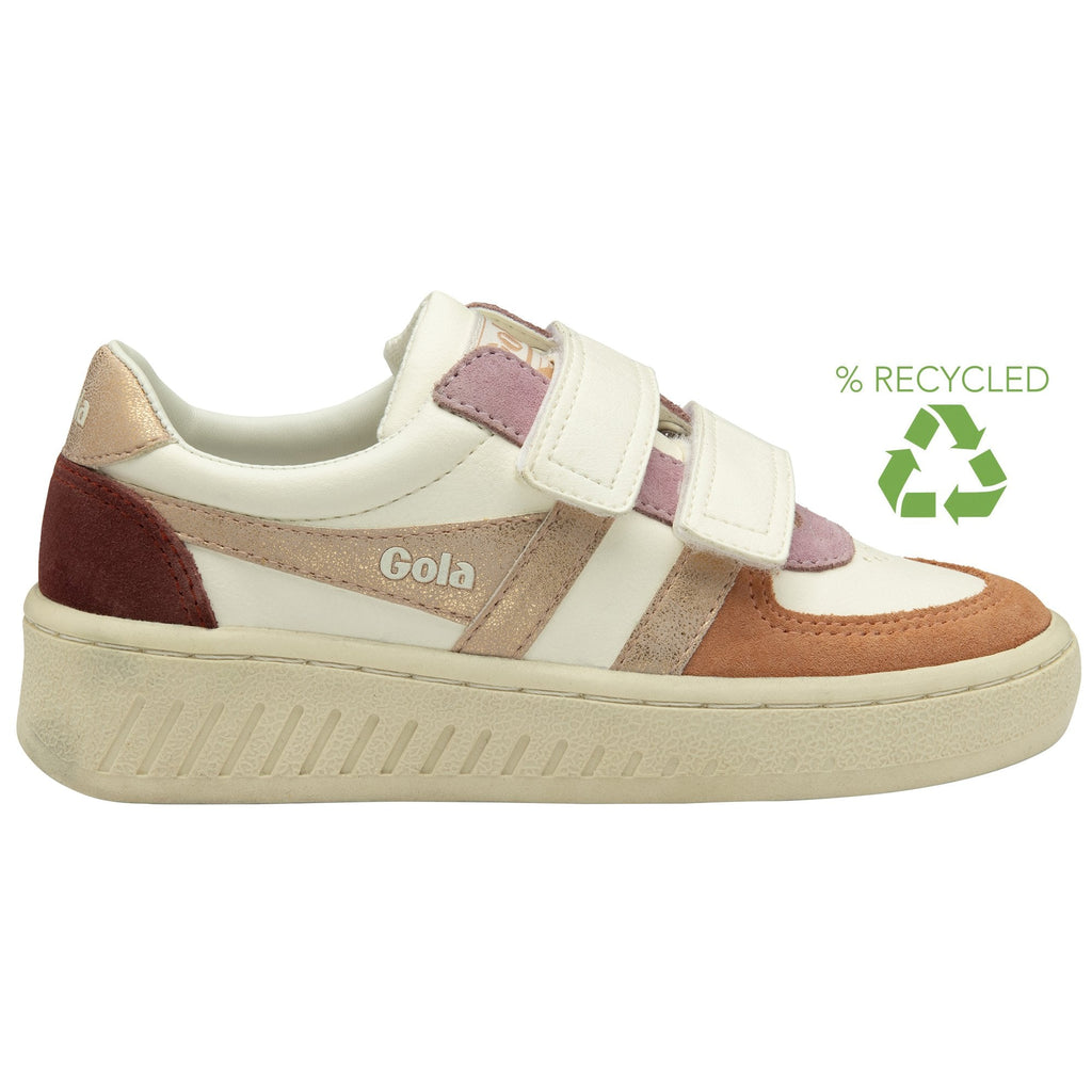 A recycled Gola kids' sneaker with a strap closure in white, pink, and red.