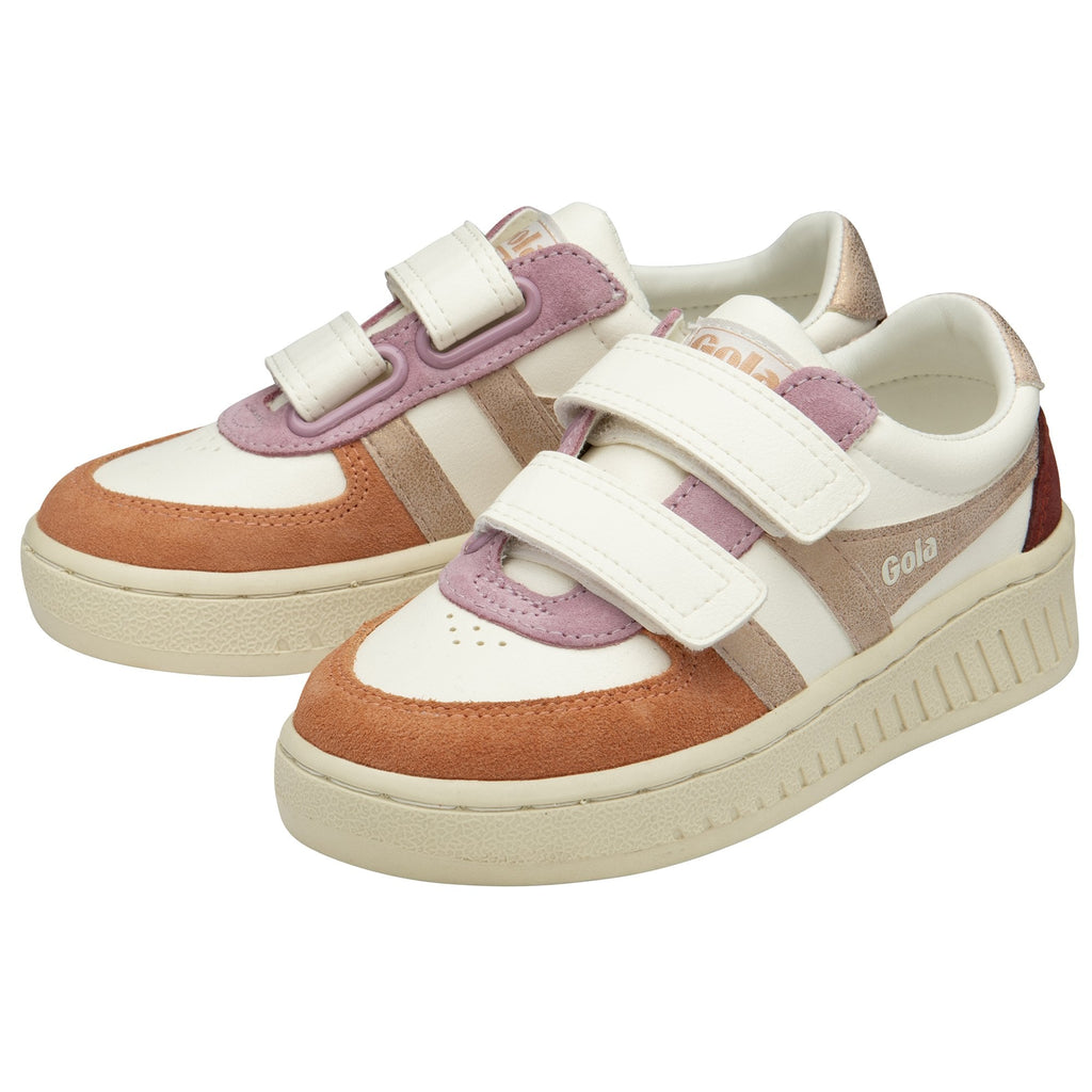 Two recycled Gola kids' sneakers with strap closures in white, pink, and red.