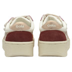 The back of two recycled Gola kids' sneakers with strap closures in white, pink, and red.