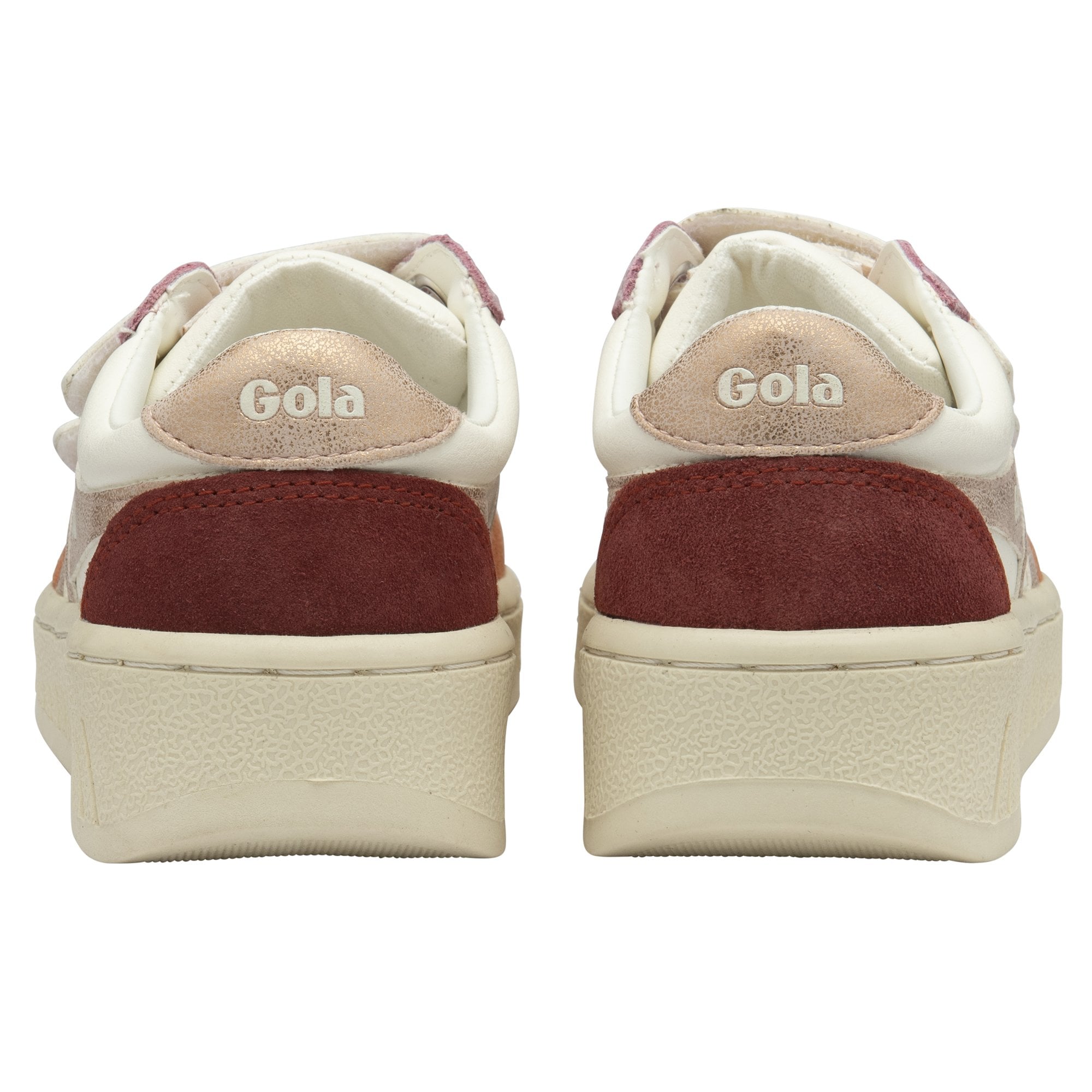 The back of two recycled Gola kids' sneakers with strap closures in white, pink, and red.