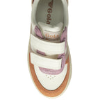 The top of a recycled Gola kids' sneaker with a strap closure in white, pink, and red.