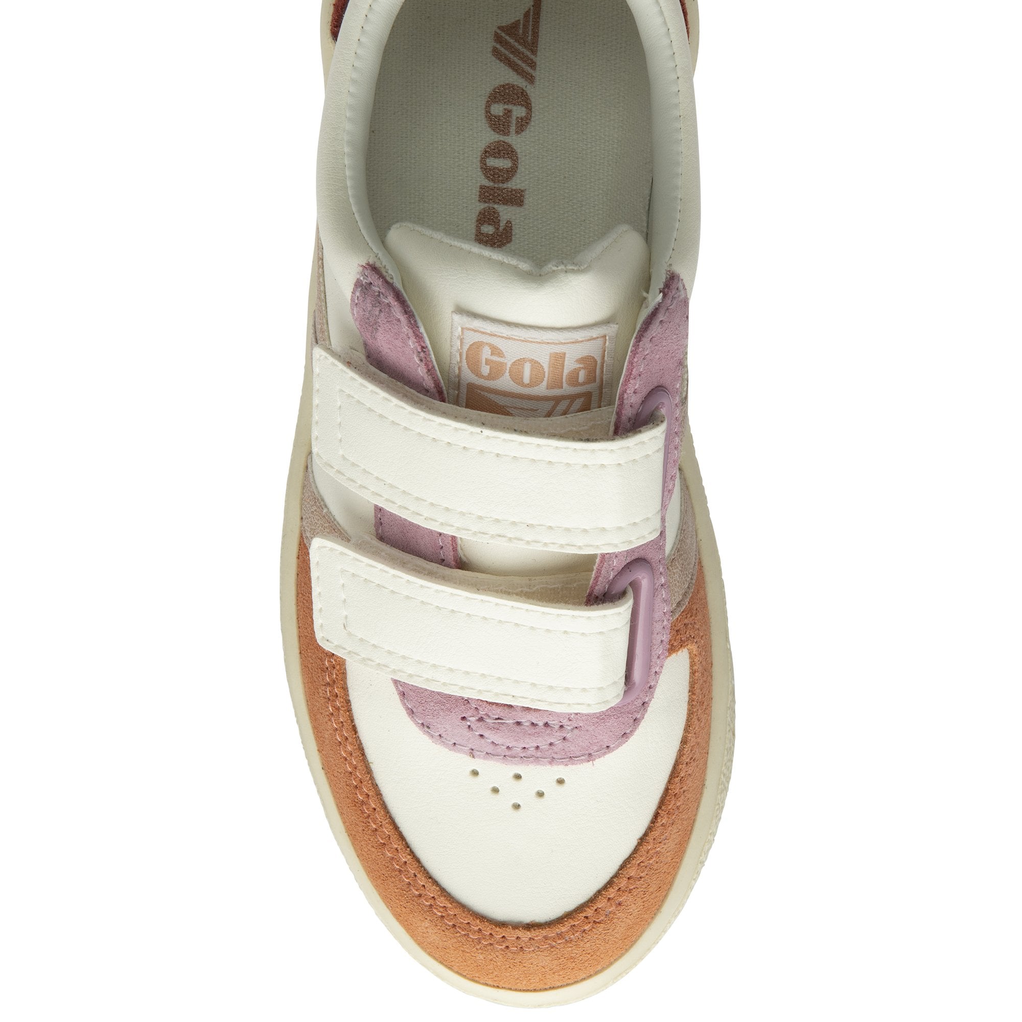The top of a recycled Gola kids' sneaker with a strap closure in white, pink, and red.