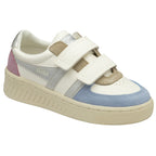 Side view of a white, silver, pink, and blue Gola sneaker with two white straps.