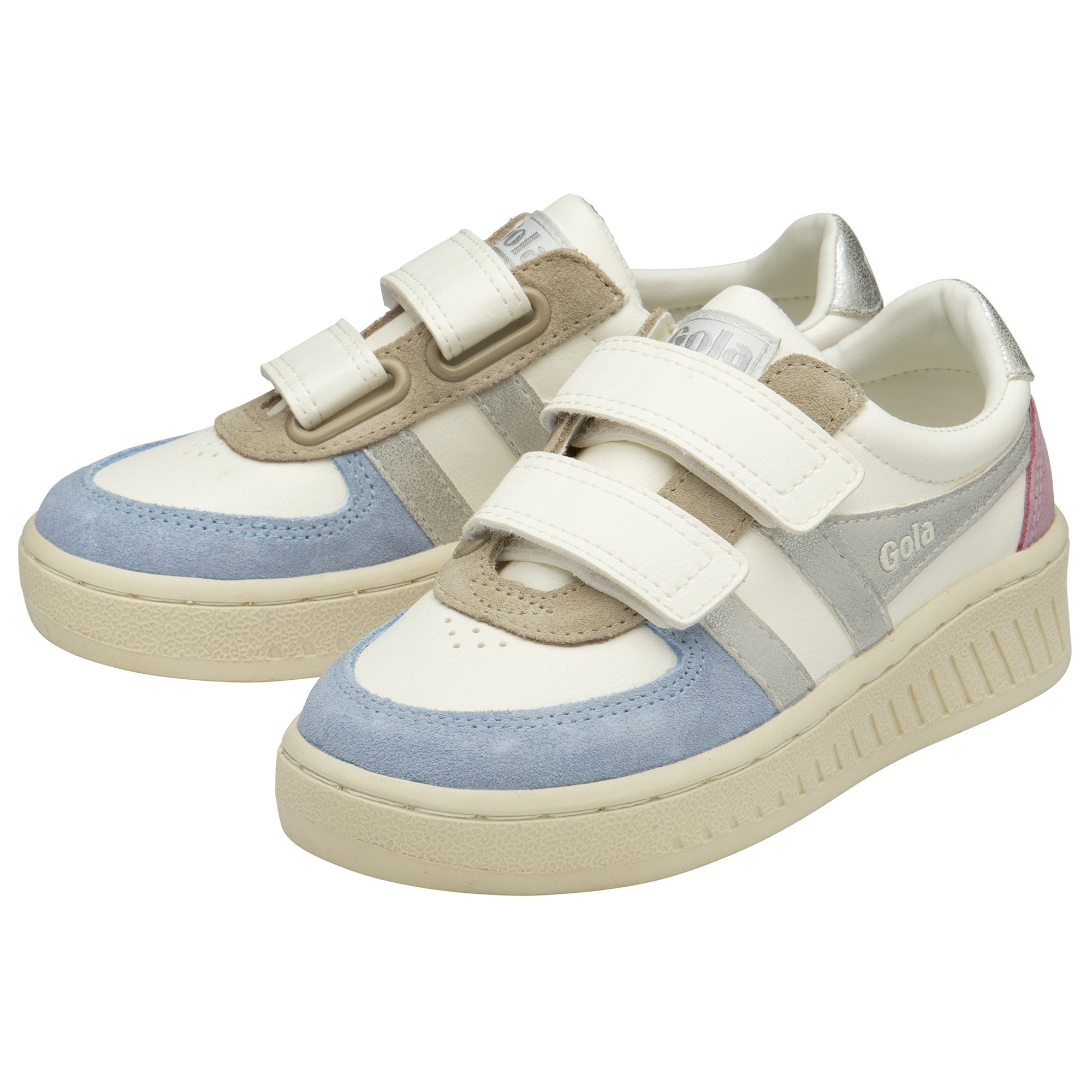 Pair of white, silver, pink, and blue Gola sneakers with two white straps.