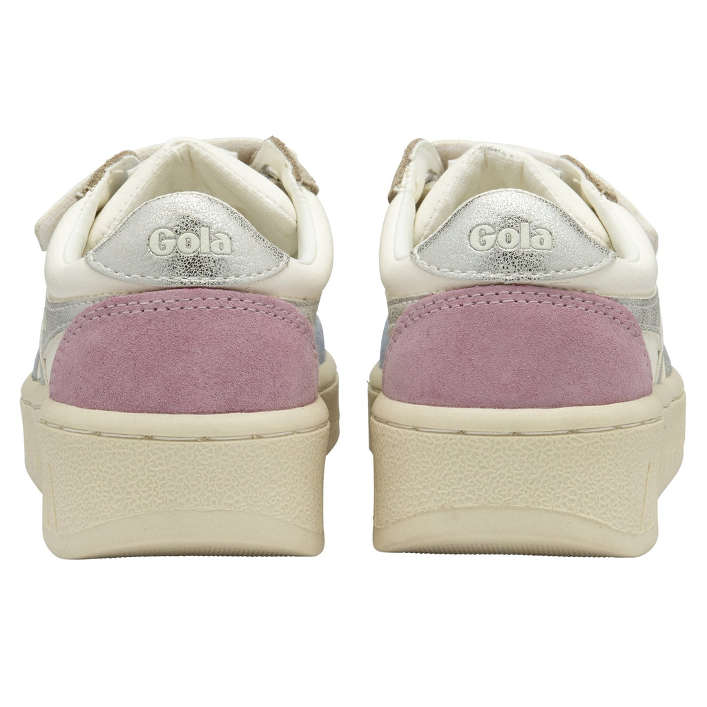 Back view of a pair of white, silver, and pink Gola sneakers.