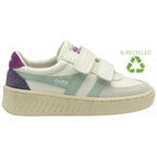 A white Gola children's trainer, with two hook and loop straps and green and purple accents. 