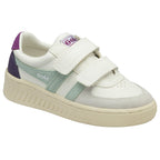A white Gola children's trainer, with two hook and loop straps and green and purple accents. 