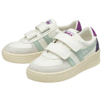 Two white Gola children's trainers, with two hook and loop straps and green and purple accents. 