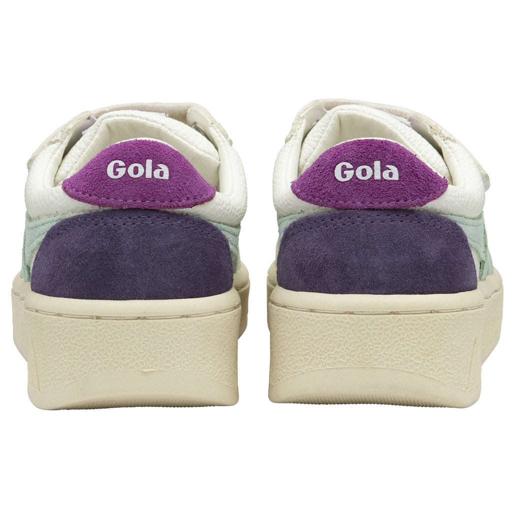 Rear view of two white Gola children's trainers, with purple accents. 