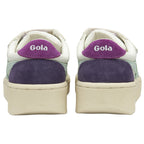 Rear view of two white Gola children's trainers, with purple accents. 
