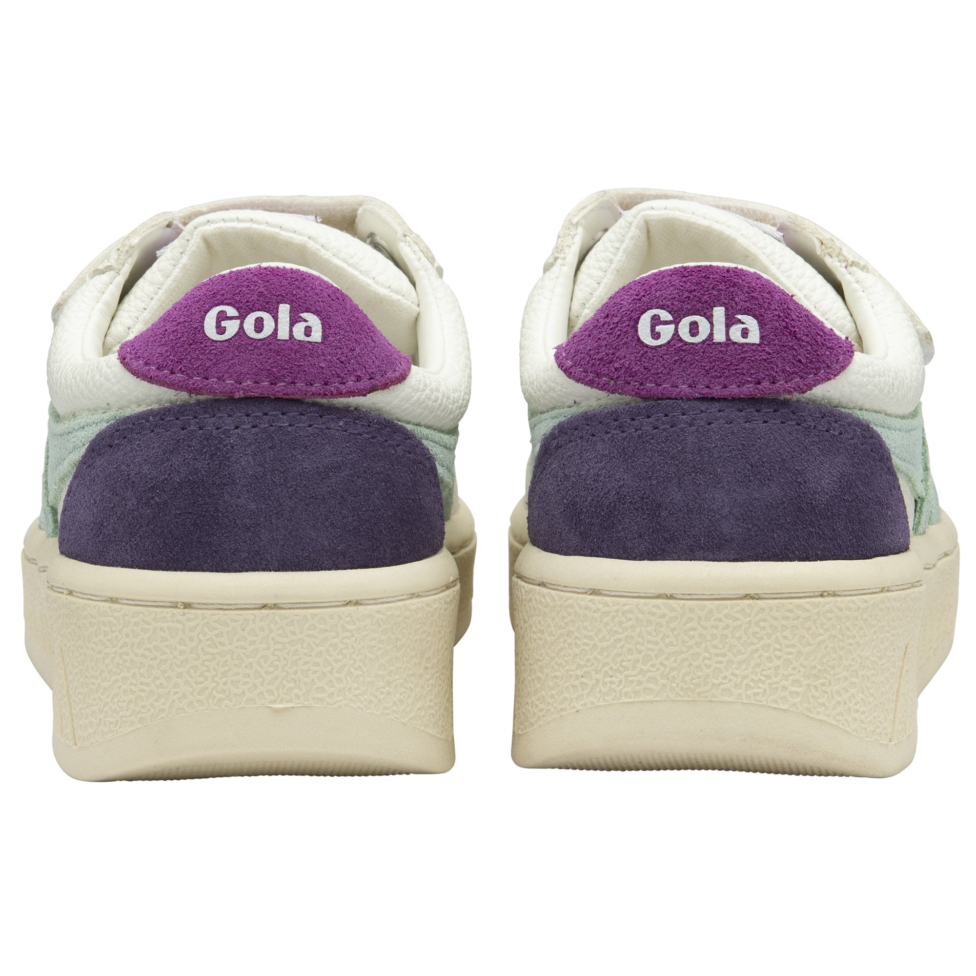 Rear view of two white Gola children's trainers, with purple accents. 