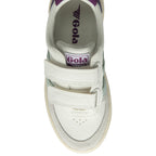 Top down view of a white Gola children's trainer, with two hook and loop straps. 