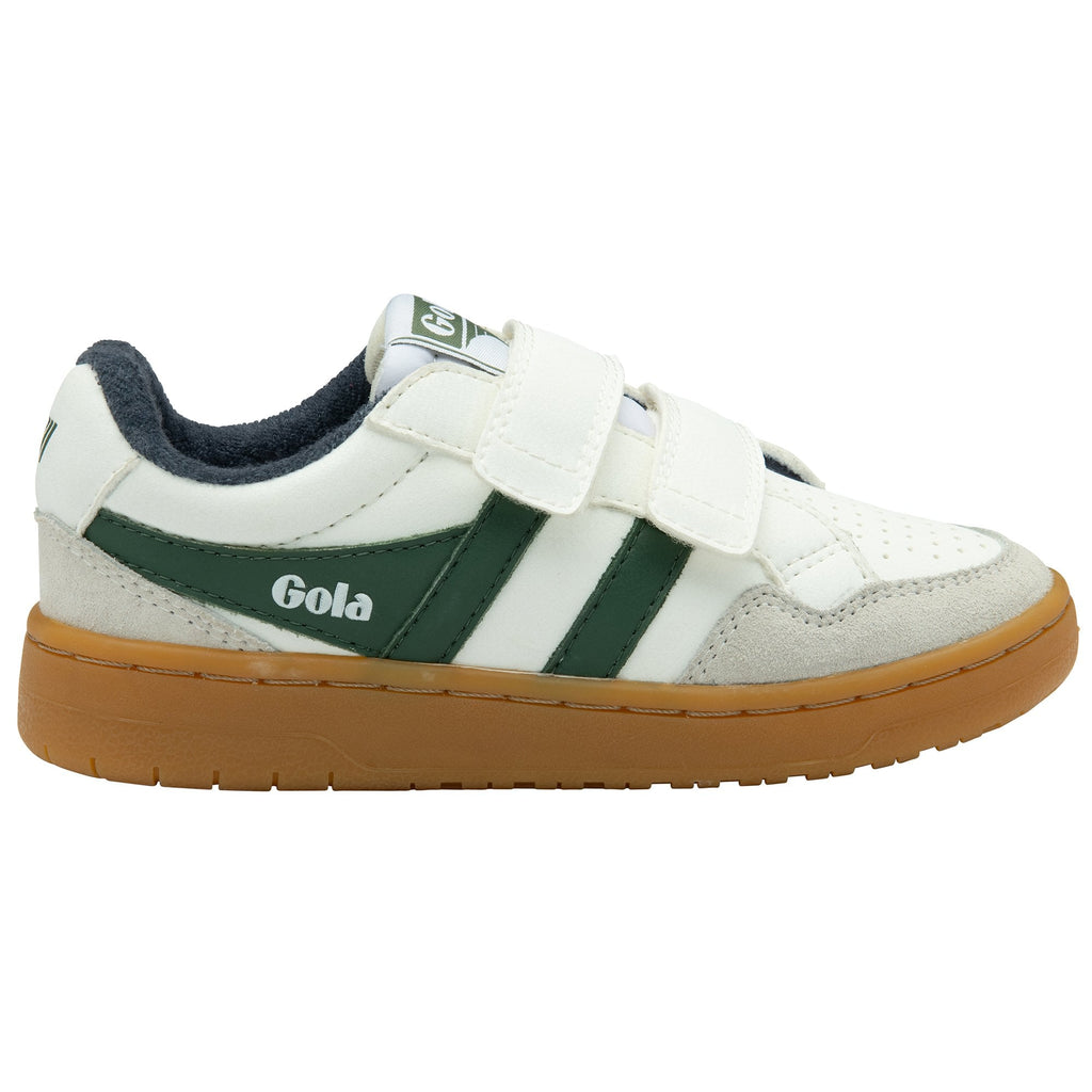 A white Gola children's sneaker with green stripes and two velcro straps on a white background.