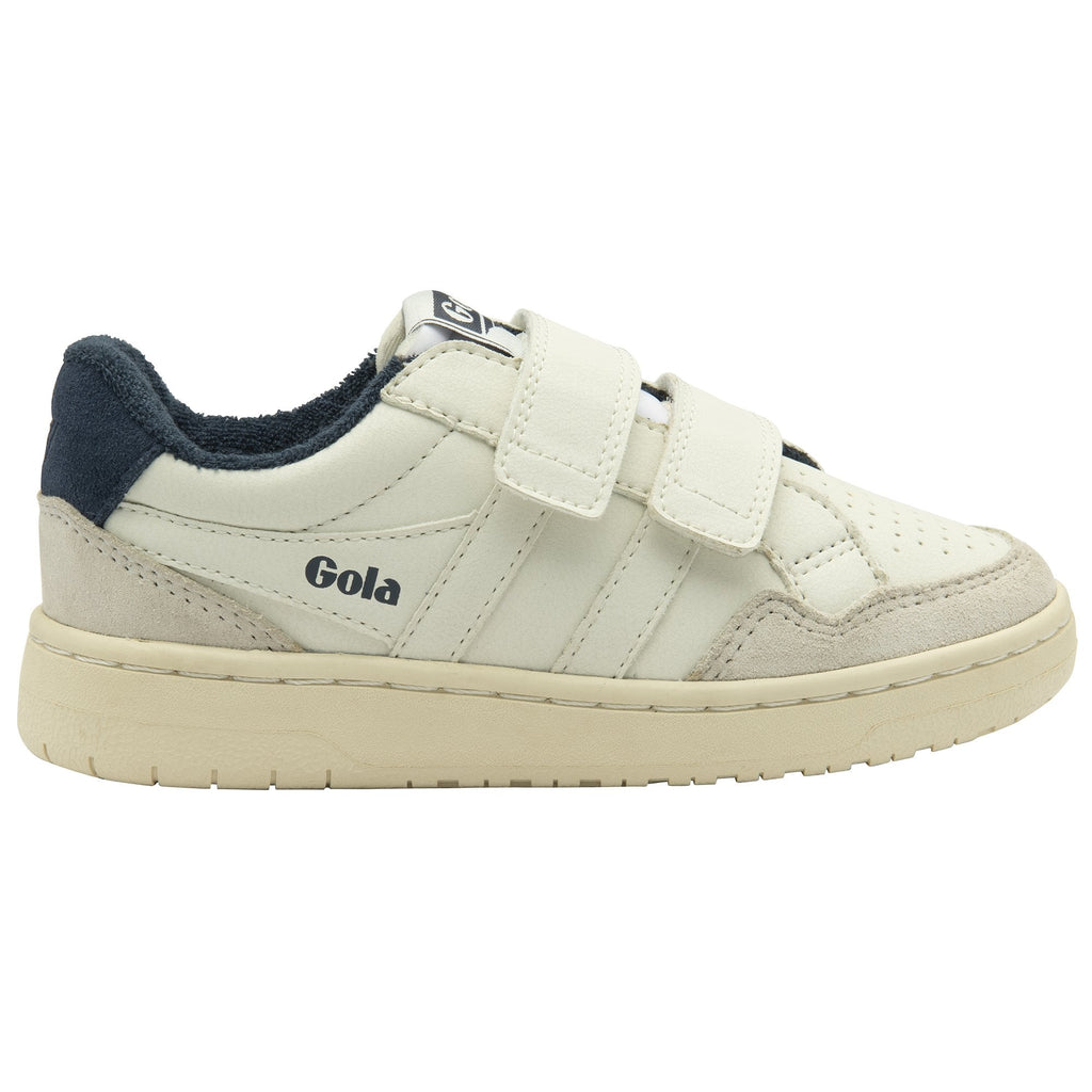 A white Gola children's shoe with navy accents and velcro straps.