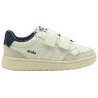 A white Gola children's shoe with navy accents and velcro straps.