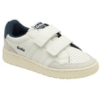 A white Gola children's shoe with navy accents and velcro straps, angled view.