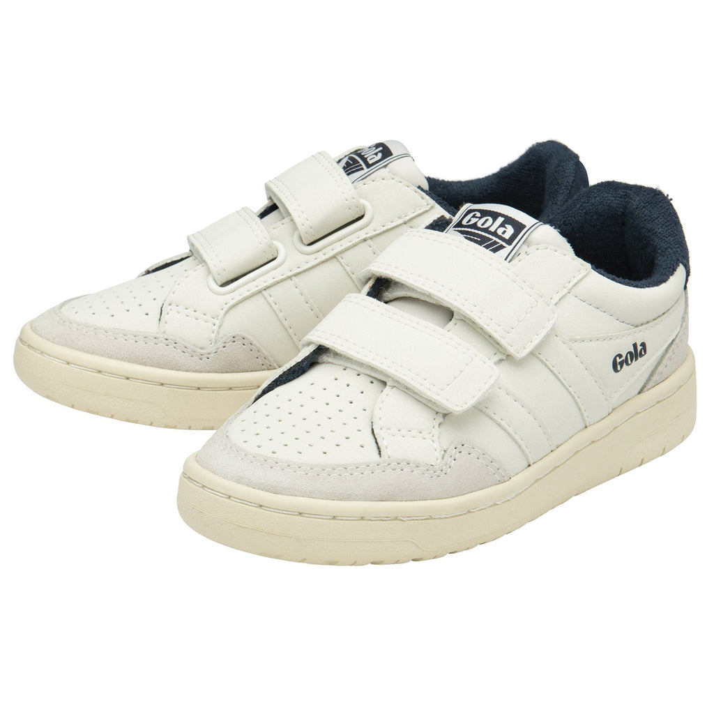 A pair of white Gola children's shoes with navy accents and velcro straps.