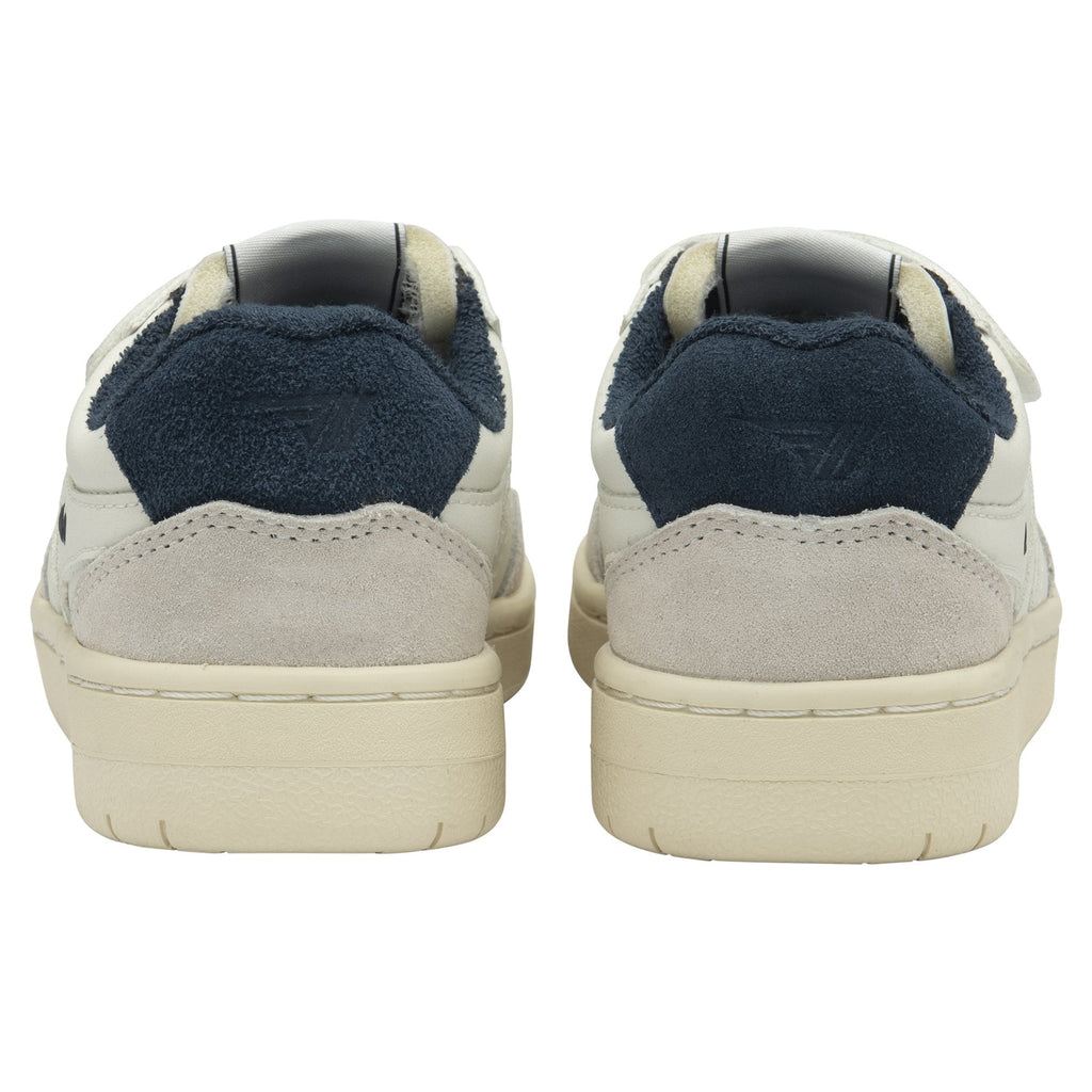 The back view of a pair of white Gola children's shoes with navy accents.
