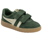 Angled view of a green Gola sneaker with white stripes, gum sole, and Velcro straps.