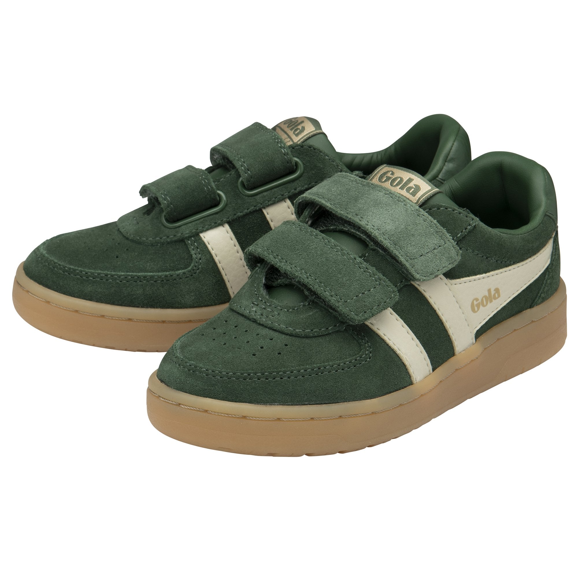 Pair of green Gola sneakers with white stripes, gum soles, and Velcro closures.