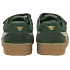 Rear view of two green Gola sneakers with white accents and gold logos on the heels.