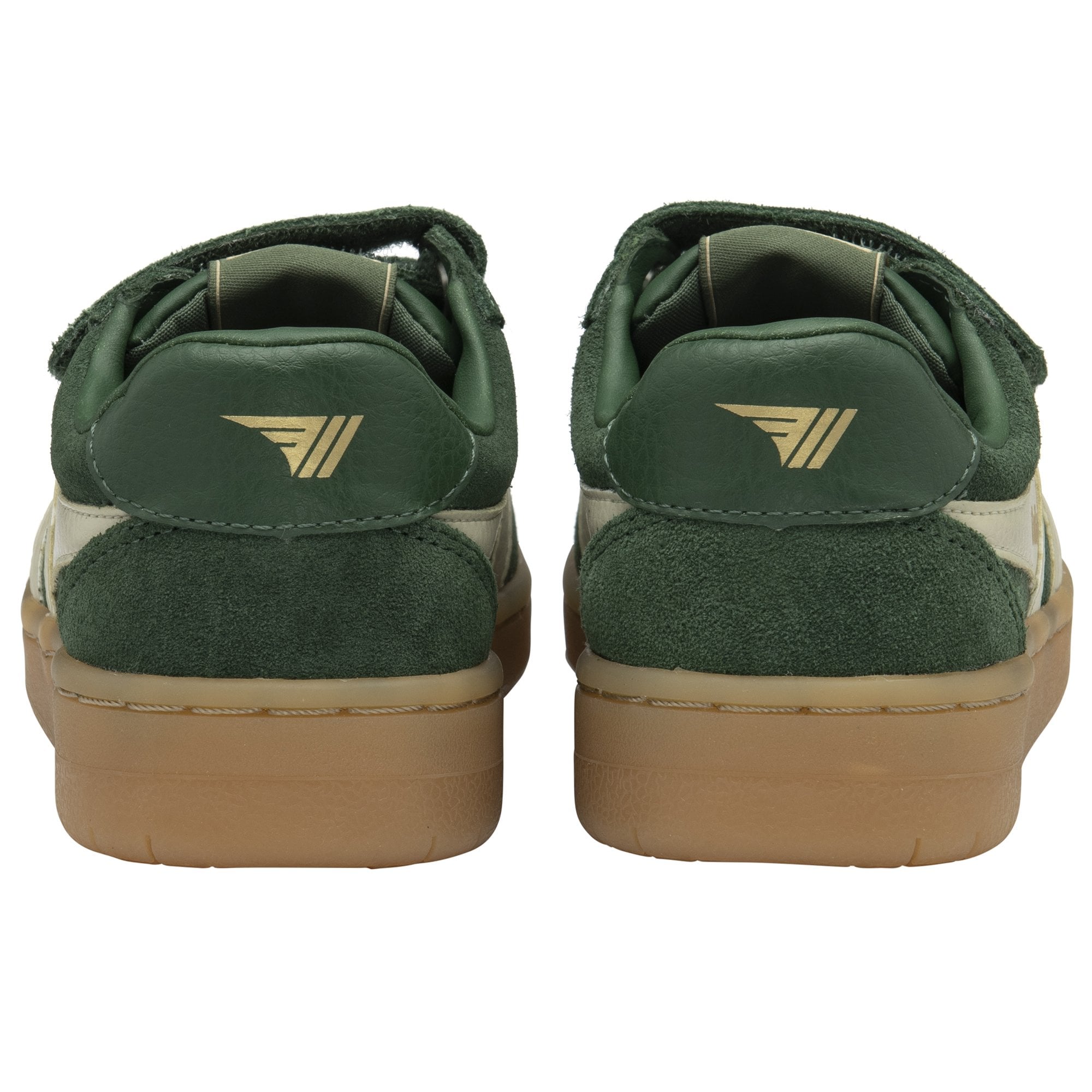 Rear view of two green Gola sneakers with white accents and gold logos on the heels.