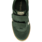 Top-down view of a green Gola sneaker with white stripes and two Velcro straps.