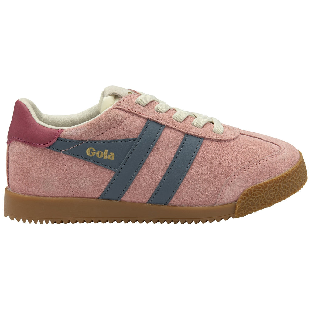 Side profile of a Gola women's trainer, made of a pink suede material with a burgundy heel.