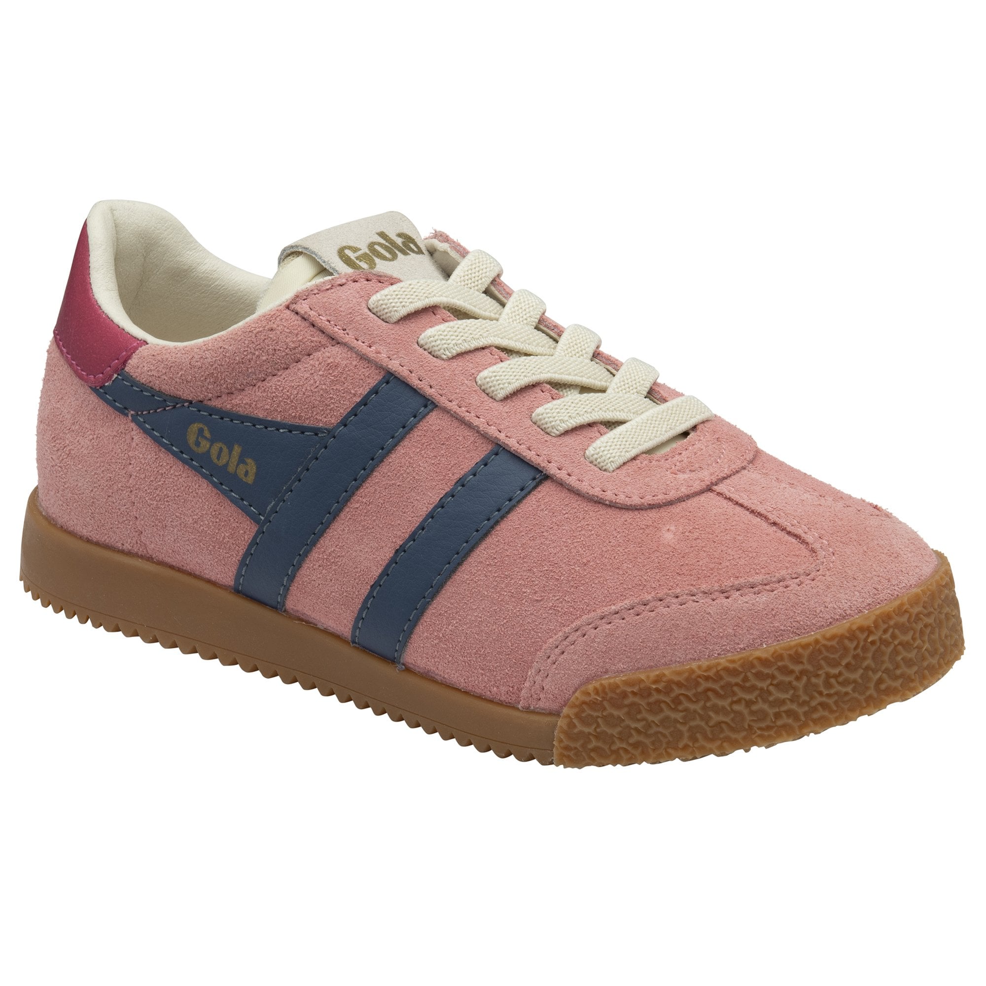 Front view of a Gola women's trainer, made of a pink suede material with a burgundy heel.