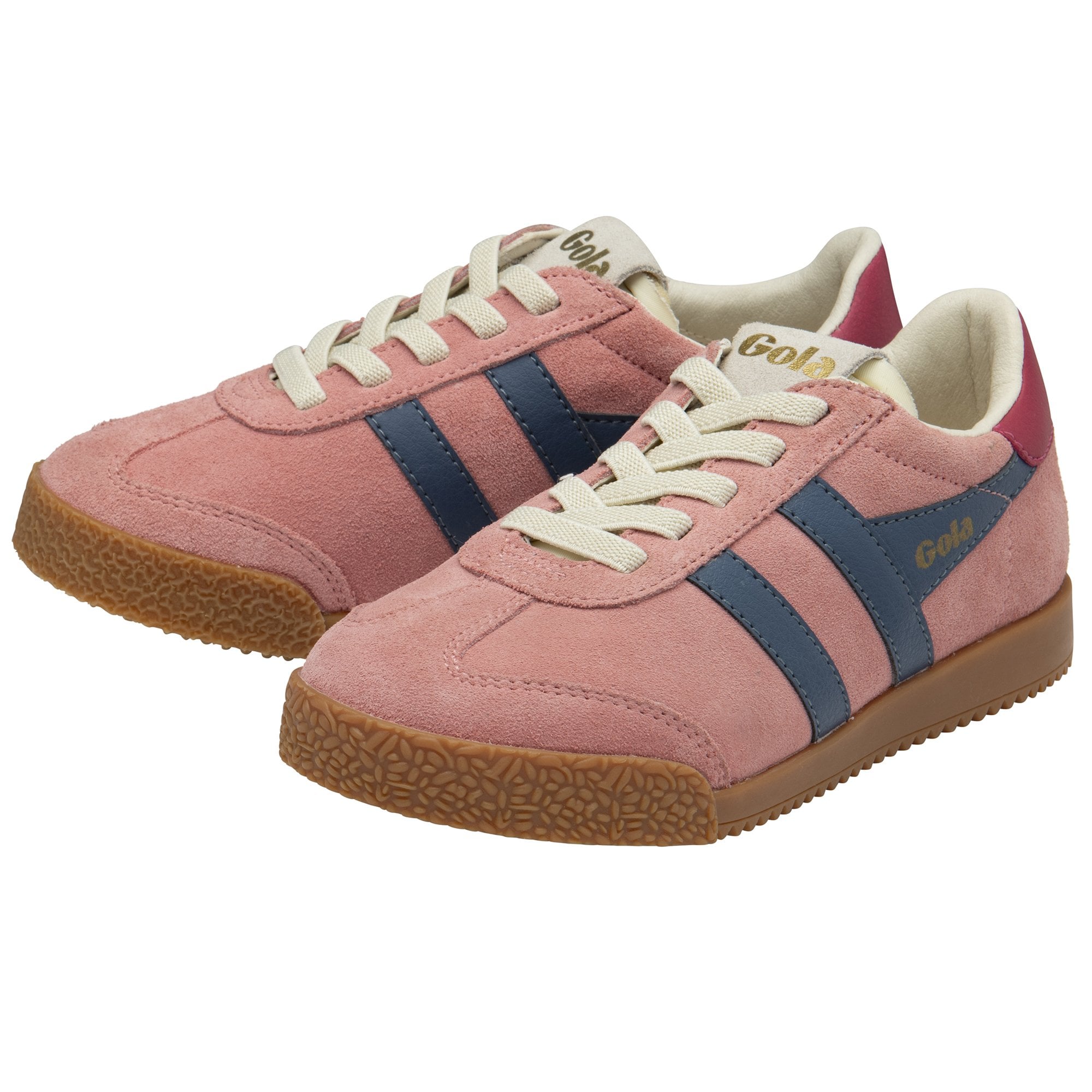 A pair of Gola women's trainer, made of a pink suede material with a burgundy heel.