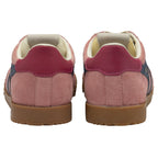 Back view of a pair of Gola women's trainer, made of a pink suede material with a burgundy heel.