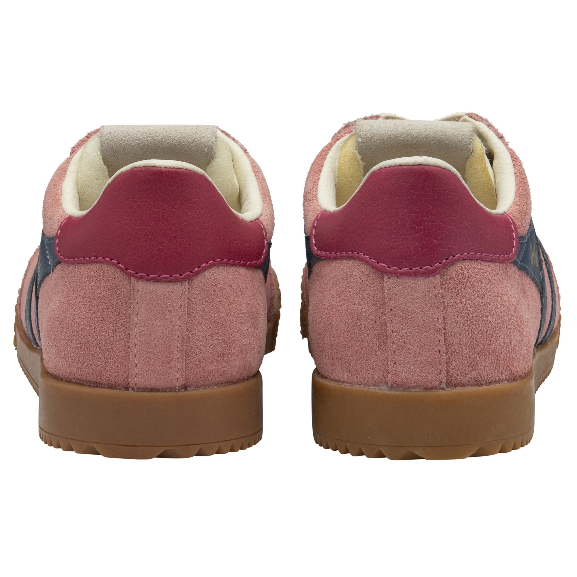 Back view of a pair of Gola women's trainer, made of a pink suede material with a burgundy heel.