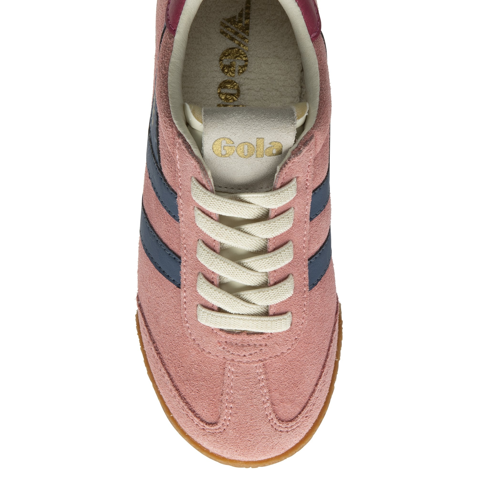 Top view of a Gola women's trainer, made of a pink suede material with a burgundy heel.