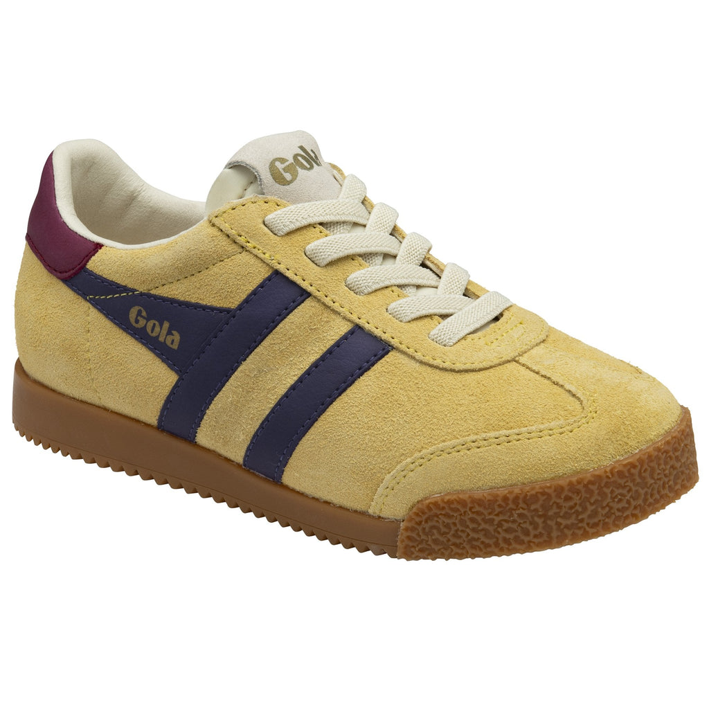 Angled view of a Gola men's Harrier sneaker in sun/deep red/navy on a white background.