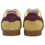 Rear view of a pair of Gola men's Harrier sneakers in sun/deep red/navy on a white background.