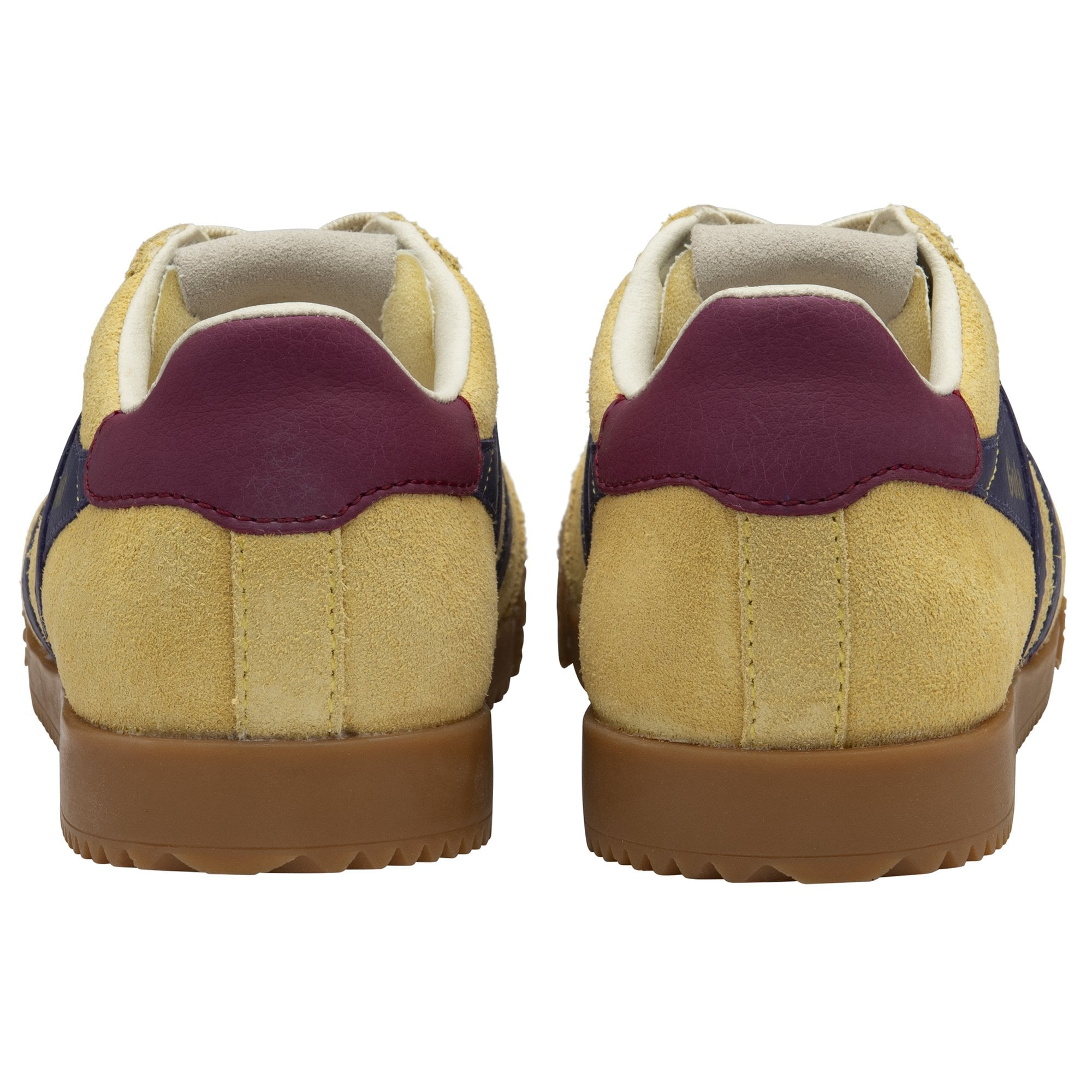 Rear view of a pair of Gola men's Harrier sneakers in sun/deep red/navy on a white background.