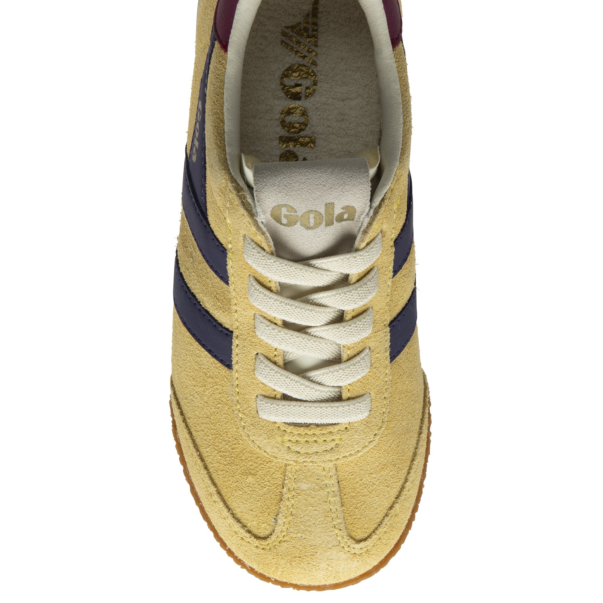 Top-down view of a Gola men's Harrier sneaker in sun/deep red/navy on a white background.