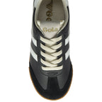 A top-down perspective of the black and white Gola trainer, highlighting the laces and toe.