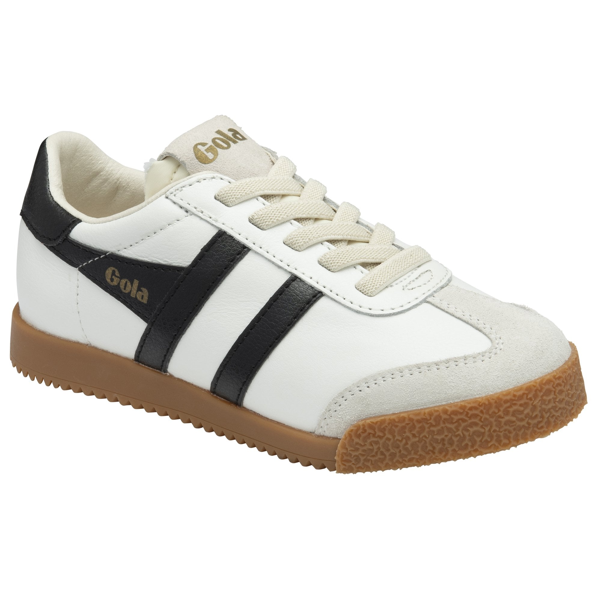 Front quarter view of a white Gola sneaker with black stripes and a gum sole.