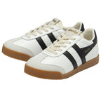 A pair of white Gola sneakers with black stripes and gum soles.