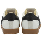 Rear view of a pair of white Gola sneakers with black heels and gum soles.