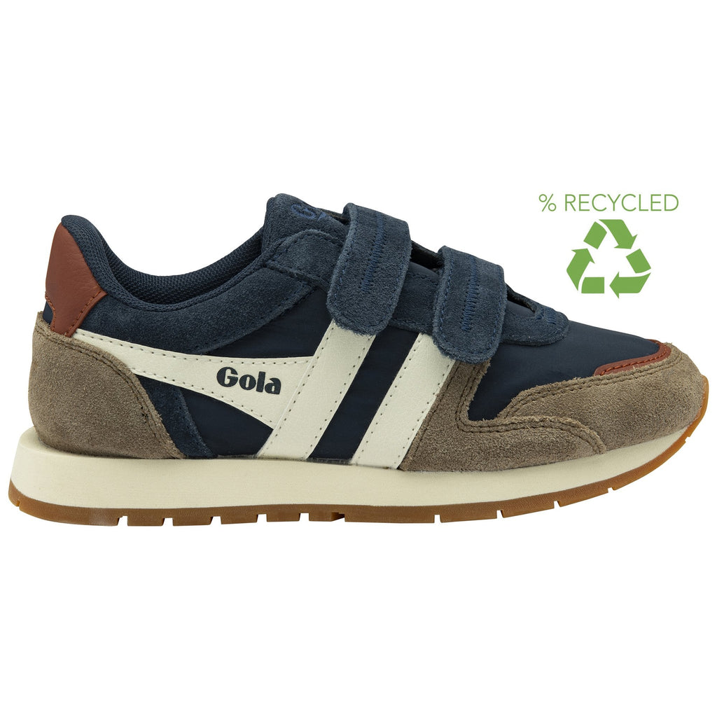 A recycled materials Gola Kids Harrier Strap shoe, in blue, brown, and white with Velcro straps.