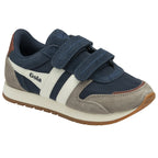 A single Gola Kids Harrier Strap shoe, in blue, brown, and white with Velcro straps.