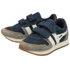 A pair of Gola Kids Harrier Strap shoes, in blue, brown, and white with Velcro straps.