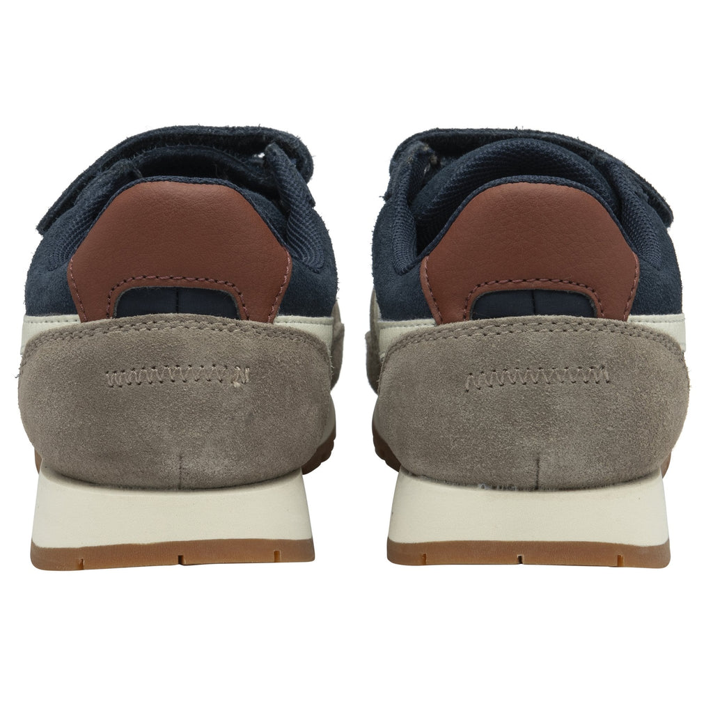 The rear view of a pair of Gola Kids Harrier Strap shoes, in blue, brown, and white.