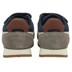 The rear view of a pair of Gola Kids Harrier Strap shoes, in blue, brown, and white.