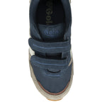 The top-down view of a single Gola Kids Harrier Strap shoe, in blue, brown, and white.