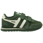 Side profile of a single green Gola trainer with white stripes and two velcro straps.