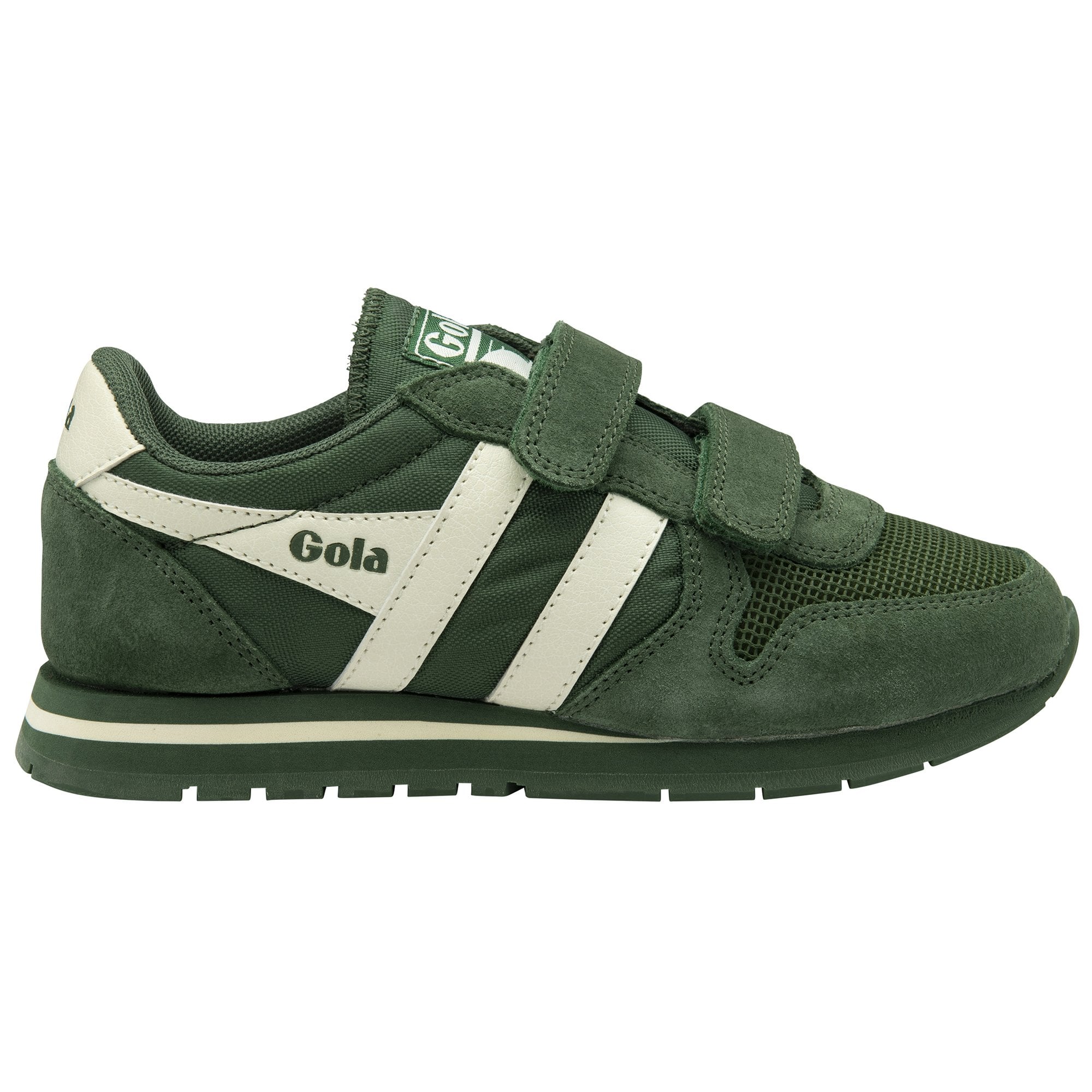 Side profile of a single green Gola trainer with white stripes and two velcro straps.