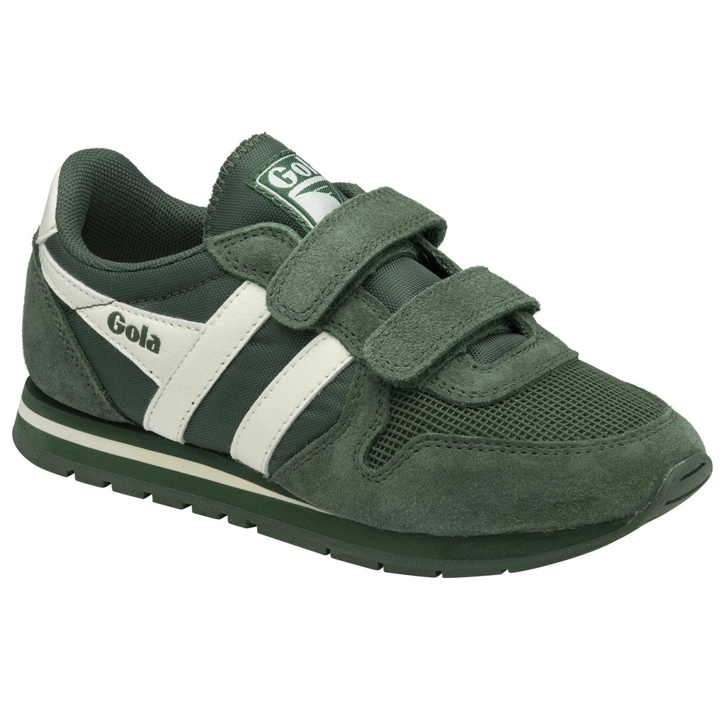 Angled view of a single green Gola trainer with white stripes and two velcro straps.